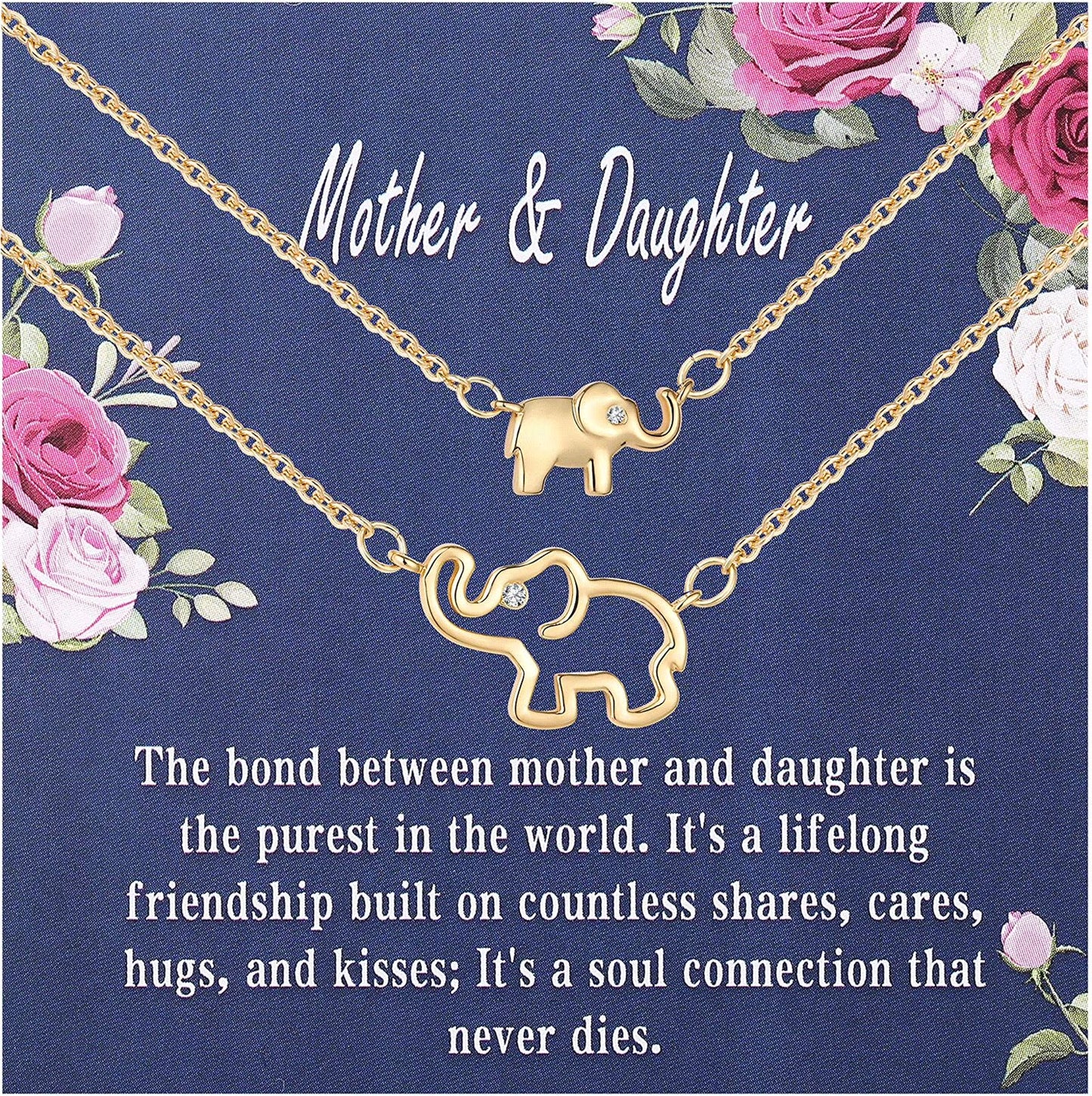 18K Gold Plated Elephant Mother Daughter Necklace Matching Jewelry Set for Women Mom Mommy Grandma Granddaughter Pendant Chain Accessories Stuff Age Birthday Valentines Day Jewelry Gifts