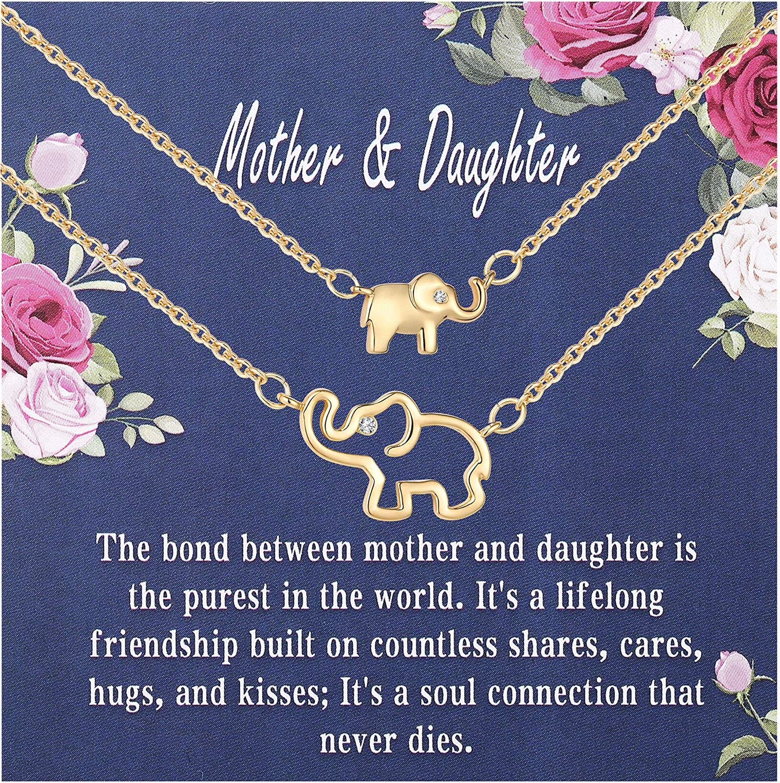 18K Gold Plated Elephant Mother Daughter Necklace Matching Jewelry Set for Women Mom Mommy Grandma Granddaughter Pendant Chain Accessories Stuff Age Birthday Valentines Day Jewelry Gifts
