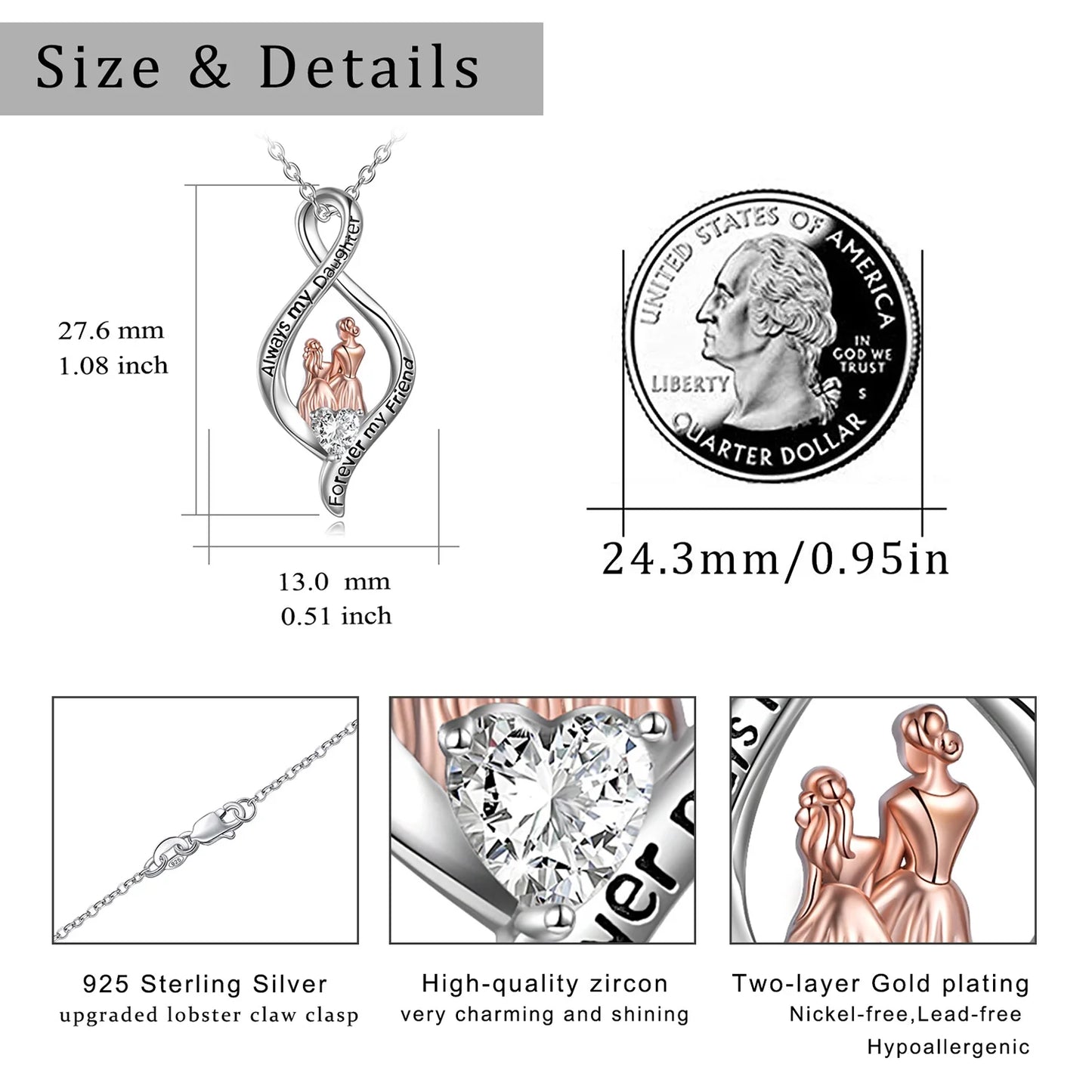 Mom Necklace for Women Sterling Silver Mother Daughter Necklace "Always My Daughter Forever My Friend" Jewelry Birthday Valentines Mothers Day Pendent Gifts